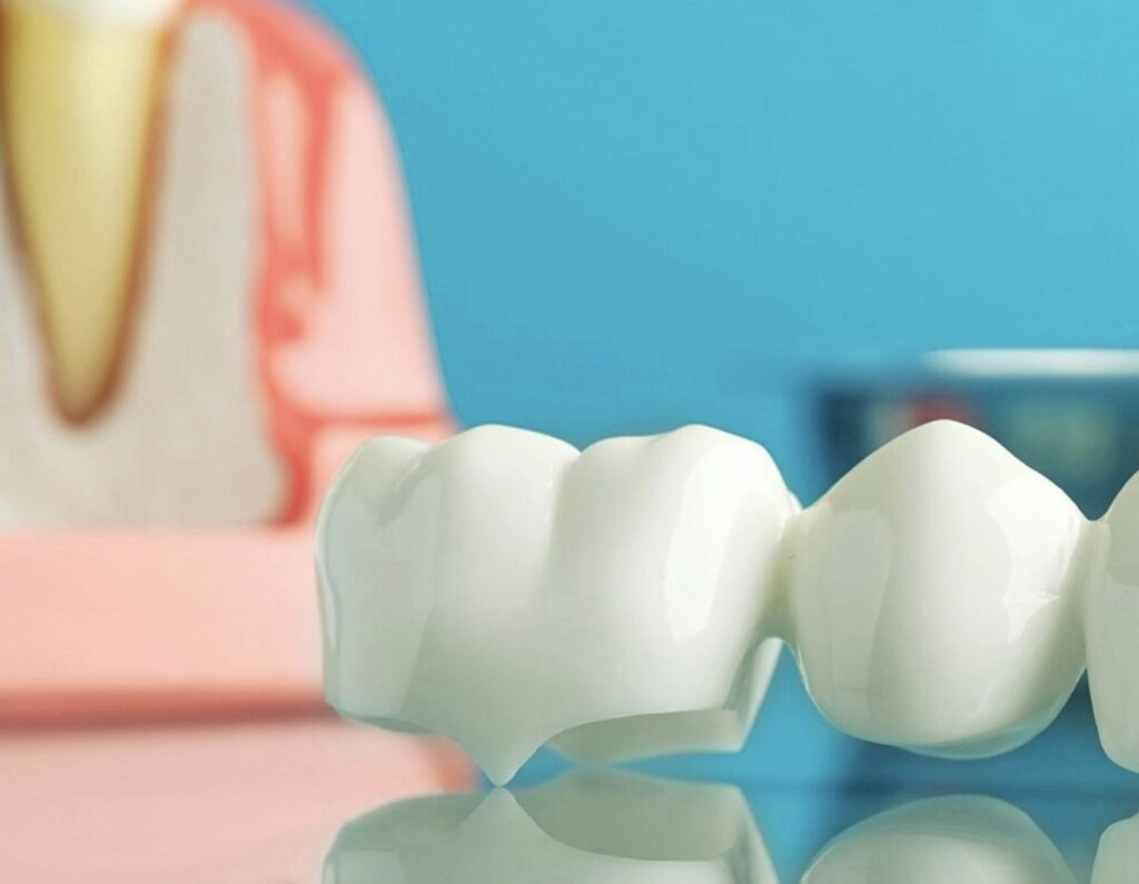 Image of a crown/bridge placed on a tooth/teeth for function & protection to avoid further damage to the tooth structure